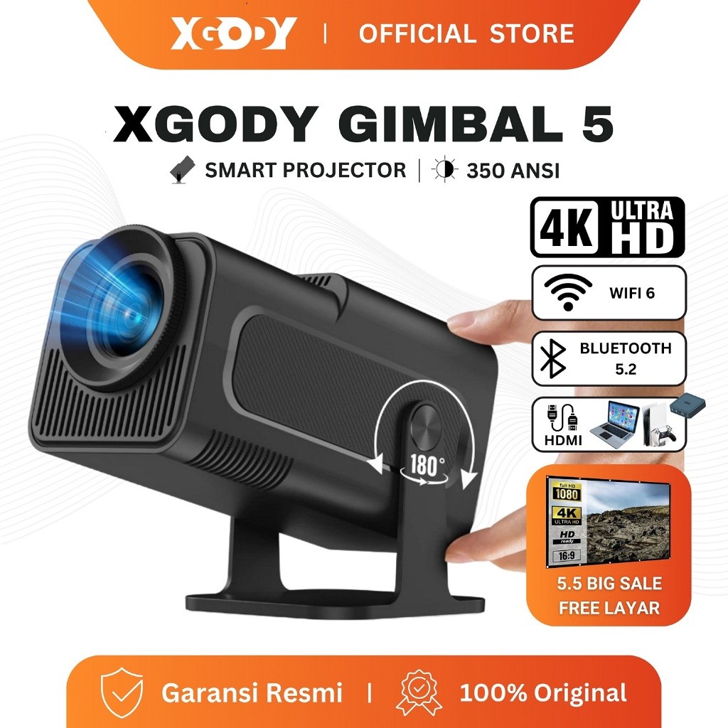 XGODY Gimbal5 Smart Proyektor LCD - Android11 -FHD 1080P - MirrorLink - Auto Keystone -300 ANSI