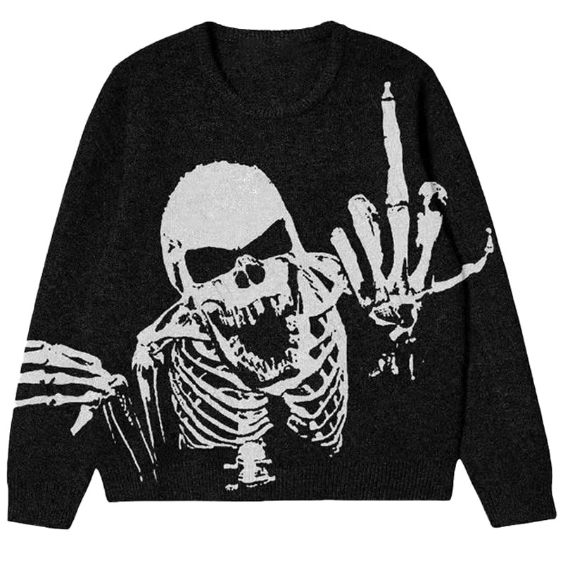 Skull Sweater Men Gothic Punk Vintage Retro Wool Knit Pullover 2023 New Winter Y2K Harajuku Oversize