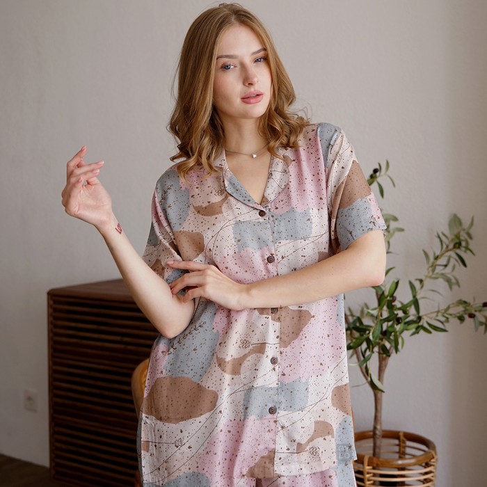 Gayalo - Piyama Lengan Pendek Kancing Busui Rayon Pemium - Flower