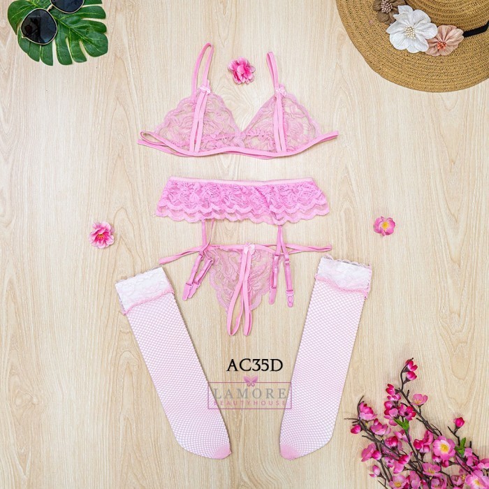 Garter Belt + Bra Wanita Cd + Stocking Lingerie Pink Ac35D