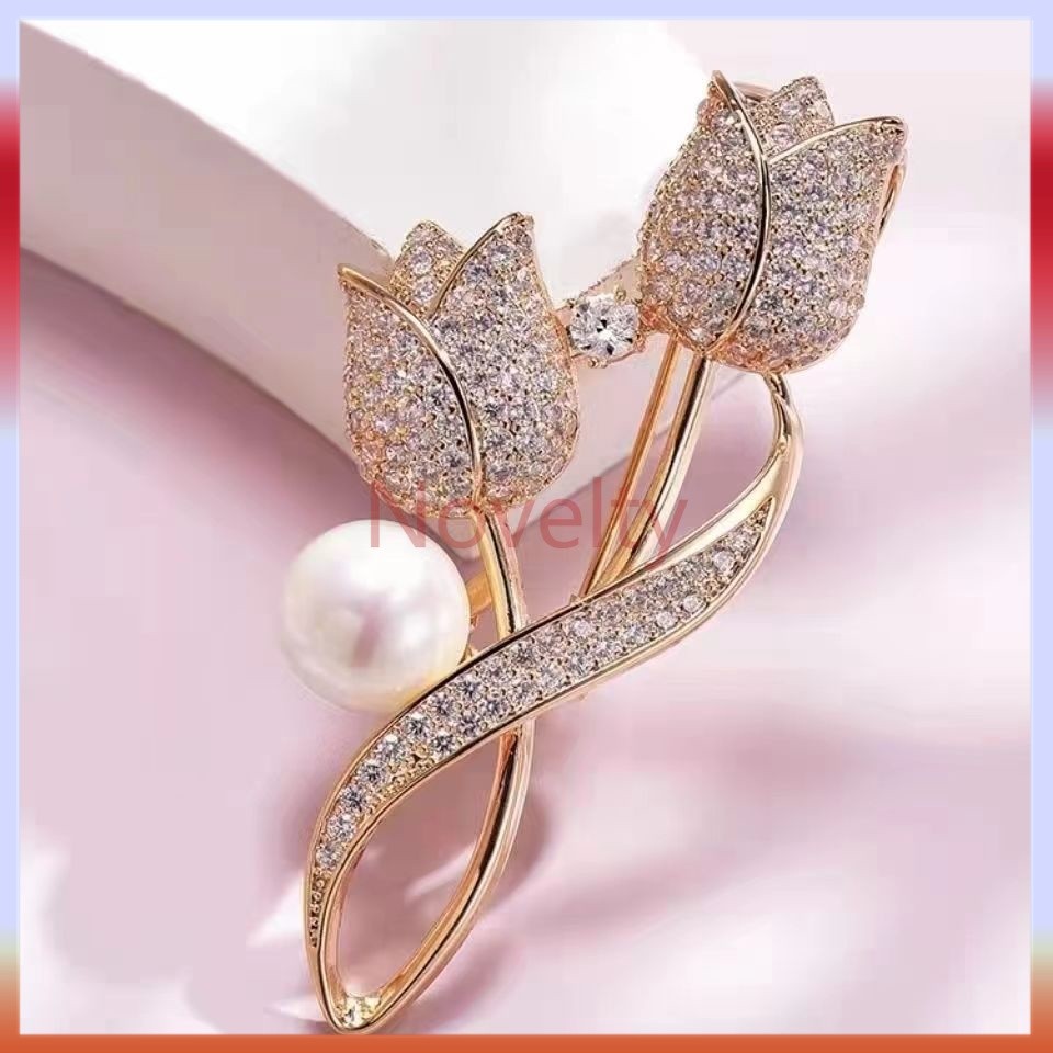Novelty Bros Gaya Baru Pin Bunga Tulip Bros Selendang Anti Silau Bros Full Berlian