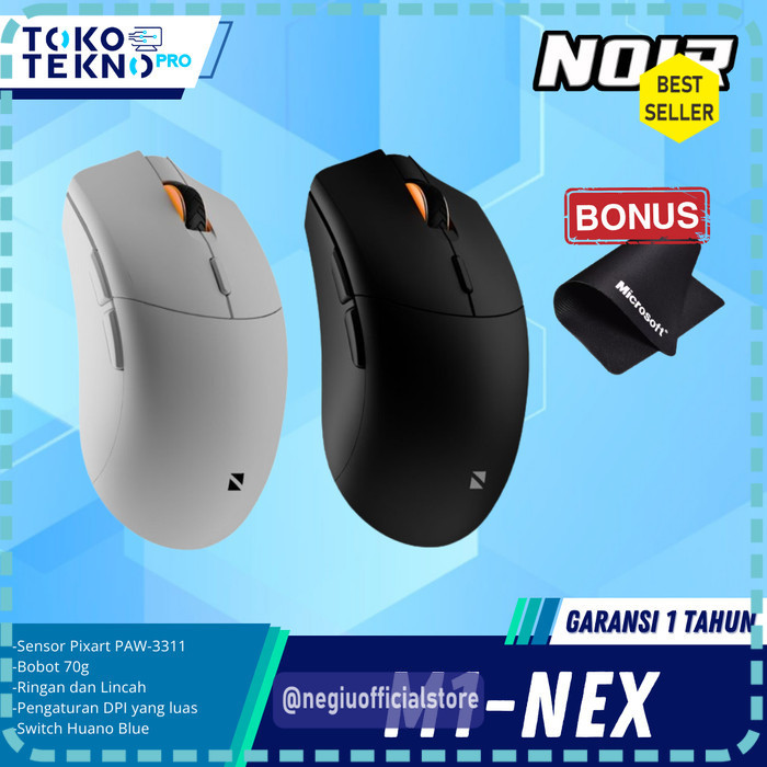 (TTP) Noir M1 Lite Wireless Gaming Mouse PMW-3325 Garansi Resmi - M1-Nex Hitam, Free Mousepad