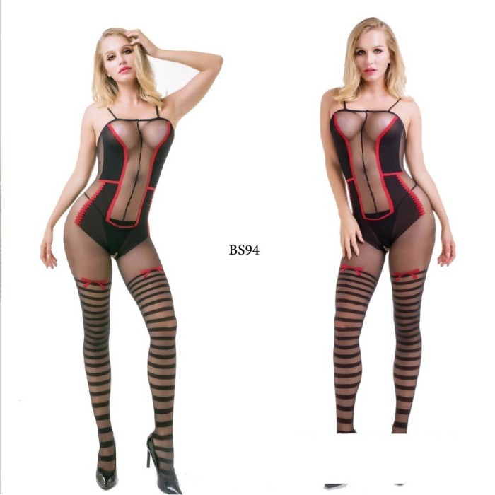 Body Stocking Lingerie Stocking Full Body Jaring Hitam Merah Bs94