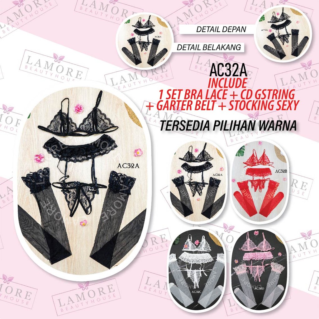 Bra Set Cd G String + Stocking + Garter Belt Premium Hitam Ac32A