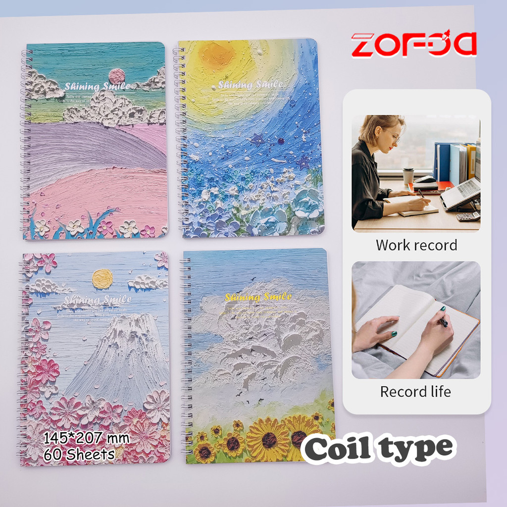 

60Lembar A5 Coil Notebook Aesthetic Oil Painting Style Buku Catatan Notebook Ring Buku Tulis Harian - Shining Smile