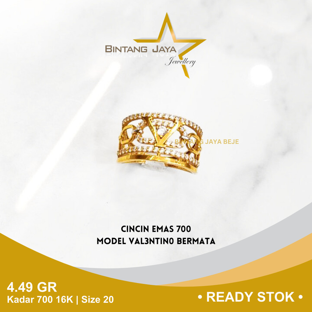 Cincin Emas Kadar 700 16K Berat 4.49 gr gram Size Ukuran 20 Model V4len t1no Mata Putih Cicin Gold P