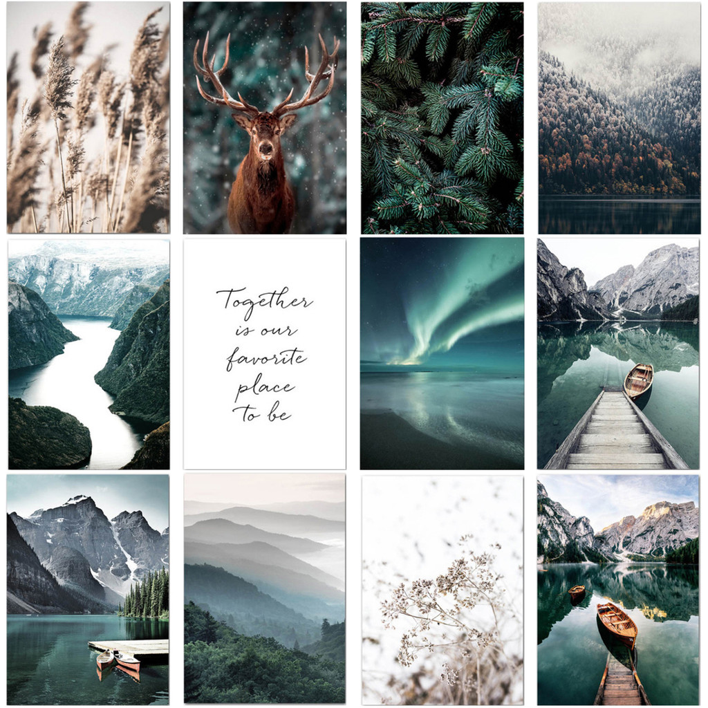 

Nordic Green Mountains River Marble Emerald Boat Aurora Reed Foggy Forest Elk Living Room Decoration Canvas Painting Poster