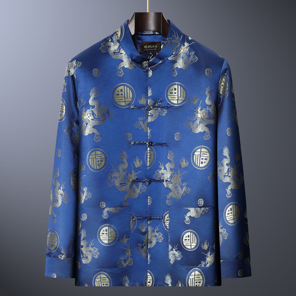 Cheongsam Atasan Kemeja Imlek Hanfu Pria SLengan Panjang Merah Biru Hitam Bigsize