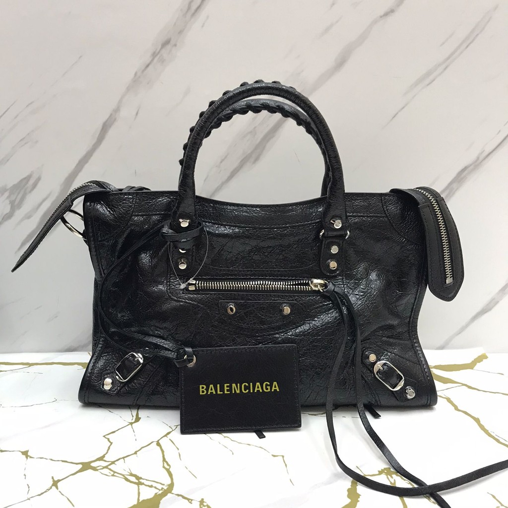 Balenciaga Classic City Small in Black Strap Logo Yellow