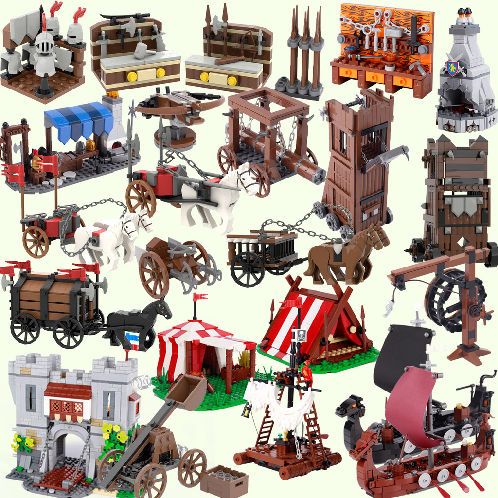 MOC Medieval Military Building Blocks Soldiers Figure Accessories Bonfire Tent Transport Carriage Wa