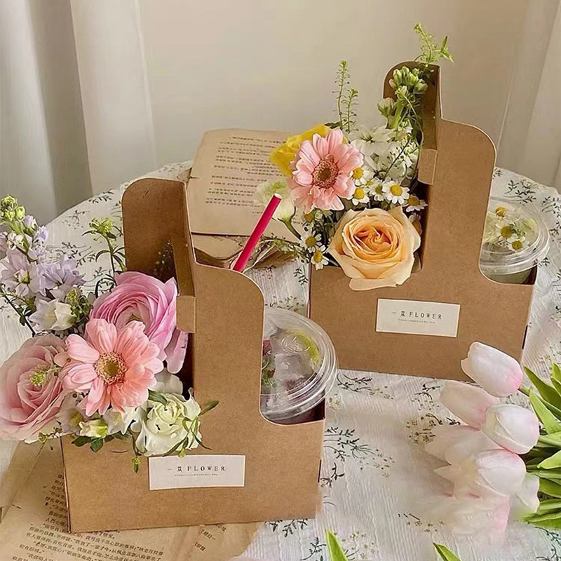 

10pcs Coffee Flower Cake Dessert Packaging Box Portable Flower Gift Bag Kraft Paper Holder Photo Favor Drink Carrier With Handle