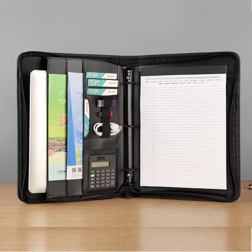 

Business A4 document zipper folders briefcase for documents man padfolio with external bag 3-hole ring binder with notebook