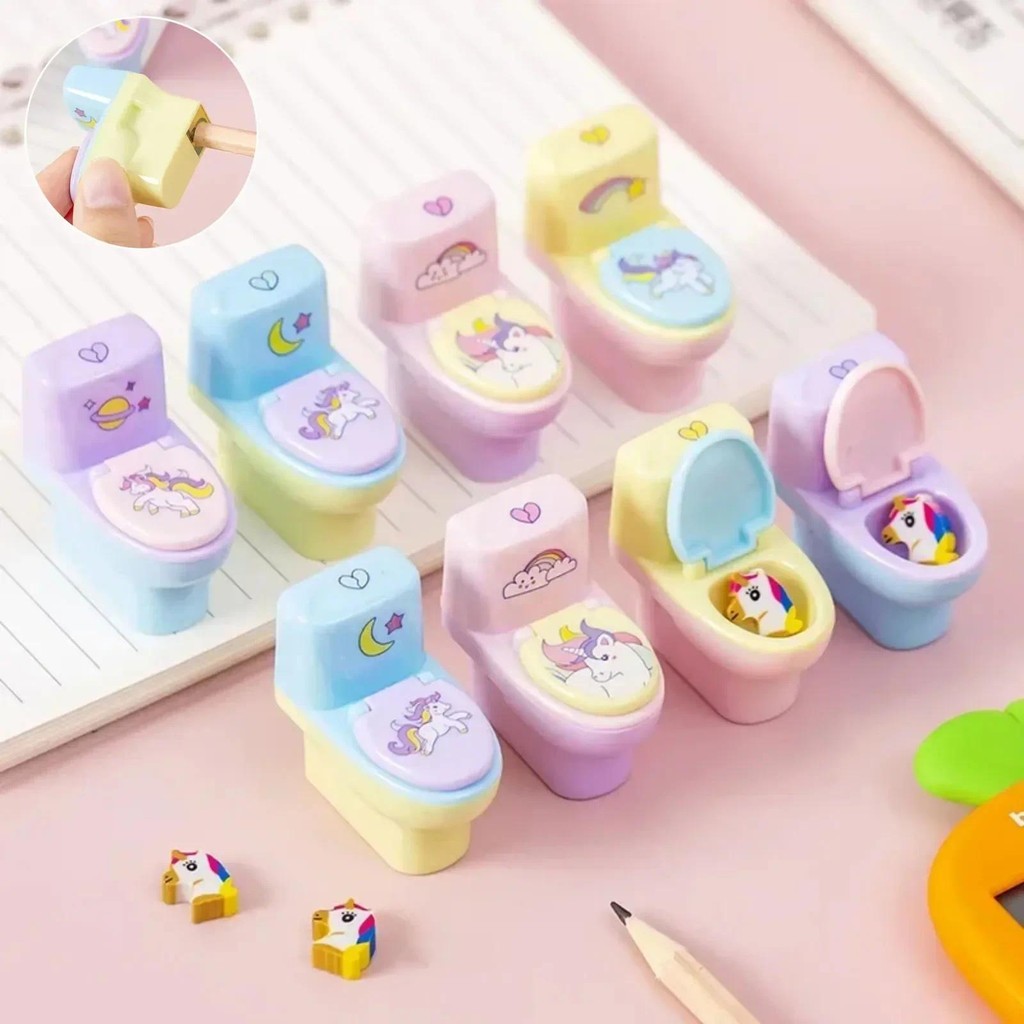 

1 Piece Stationery Pencil Sharpener Creative Toilet Shape Cartoon Unicorn School Supplies Gift Accessories with Eraser