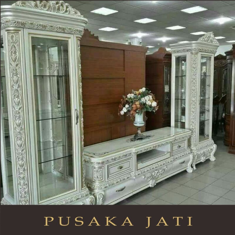 lemari hias kaca kayu jati mebel produk asli jepara pusaka jati jepara
