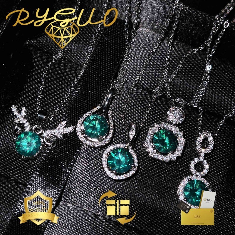 RYGUO Kalung Moissanite Emas Putih Biru Hijau Liontin Hati