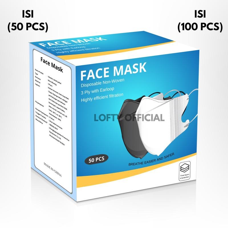 

Masker Duckbill FaceMask 3PLY isi 50pcs hitam putih garis polos