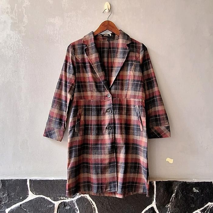 Gita Blazer Wanita by Astan Blajer Flanel Motif Kotak Outer - Abu Merah, S