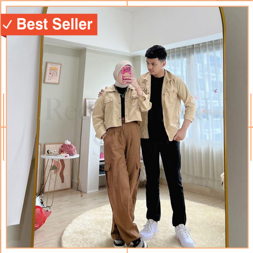 Korean Style Matching Keren Casual Baju skena / Kemeja Couple Crop Set Kemeja Kanvas Couple Sudah 2 