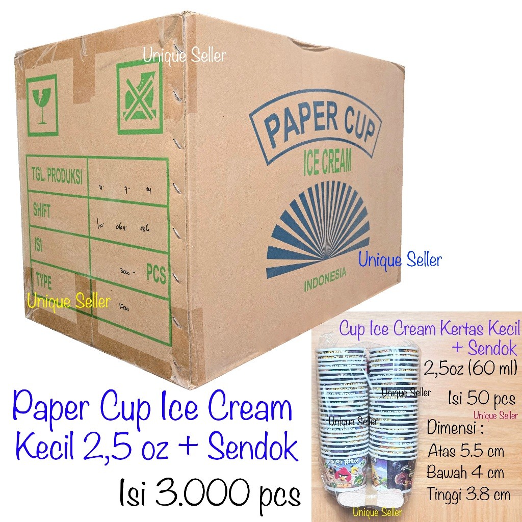 [1Dus] Cup Ice Cream Es Krim Kertas Kecil + Sendok 2,5oz 60ml isi 3.000 pcs / Paper Cup Es Krim Ice 