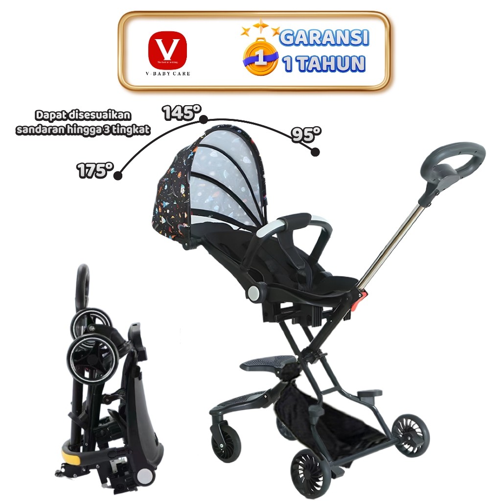 VBABY CARE Kereta Dorong Datar Berbaring Dapat Dilipat , Dua Arah, Stroller Tampilan Tinggi, VBABY-3