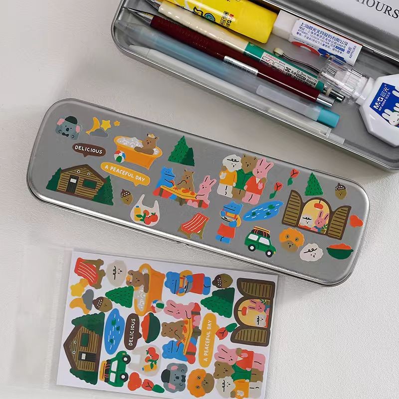 

Korean Instagram Iron Stationery Box Cute Little Bear DIY Handheld Tent Decorative Pencil Box Student Metal Storage