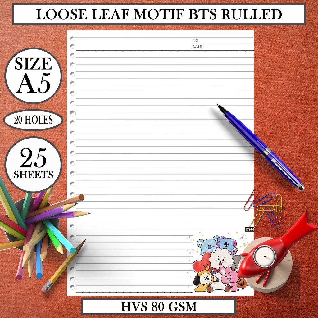 

Kertas Isi Loose Leaf A5 BTS - Refill Binder Paper HVS 80 gsm/gr Rulled Garis BT21 KPOP ARMY Terlaris Termurah