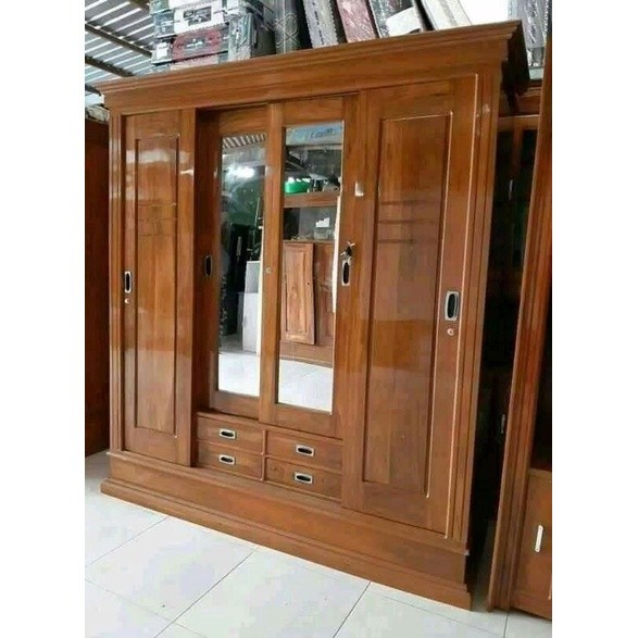 Lemari Pakaian Minimalis Sleding 4 Pintu Kayu Jati Furniture Jepara