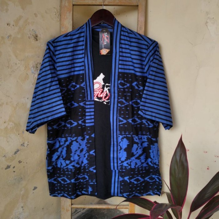 BAJU BATIK OUTER KIMONO BATIK MUHSI BAJU PRIA SONGKET JEPANG LENGAN - Biru