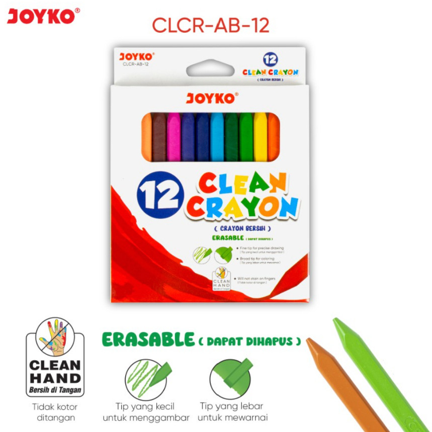 

( StaLand ) CLEAN CRAYON JOYKO 12 WARNA CLCR-AB-12 / Crayon Bersih Joyko 12 Warna Bisa Dihapus CLCR-AB-12