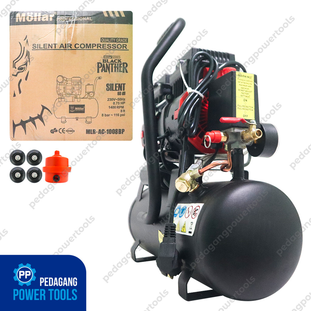 MOLLAR AC-1008BP Hitam Mesin Kompresor Udara 3/4 HP 8 Liter Black Panther Oilless Angin Silent
