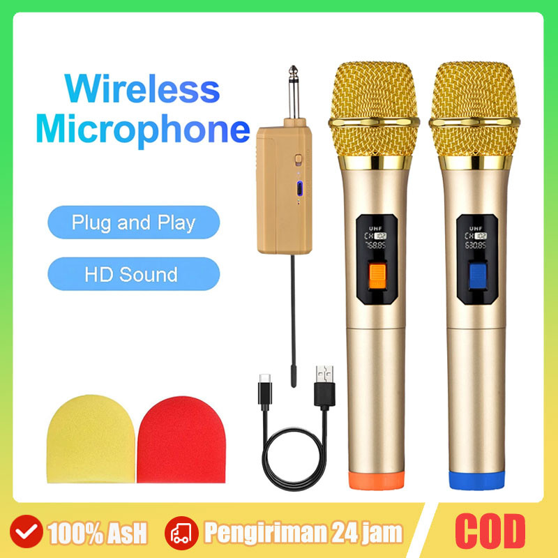 [Stok Siap] 2 PCS Professional Microphone MIC-206 Mic Wireless Mikrofon Gold Bisa di Charger With Am