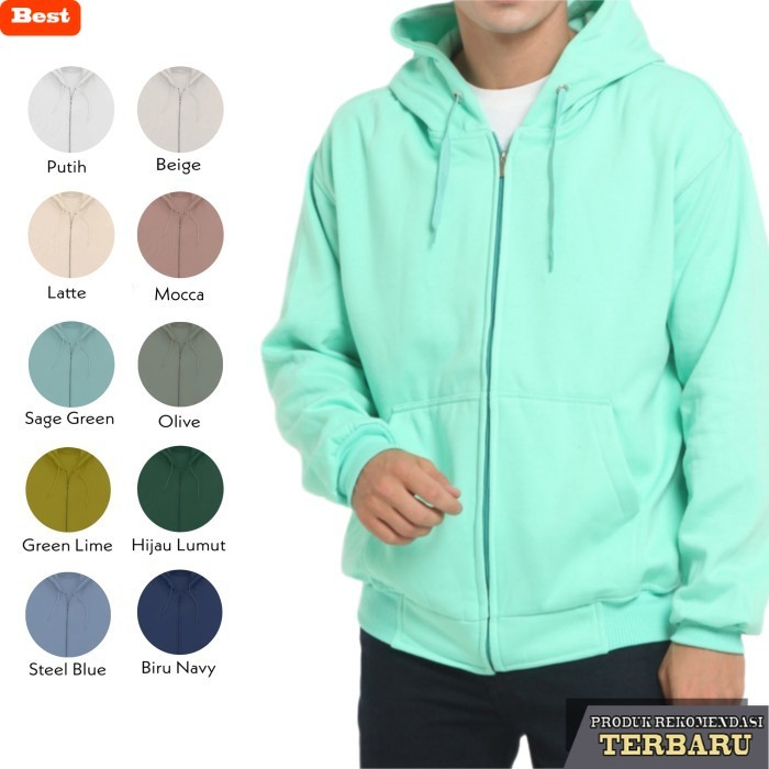 hoodie pria keren Jaket Sweater Pria Wanita Hoodie Zipper Polos Hijau Tosca - Random