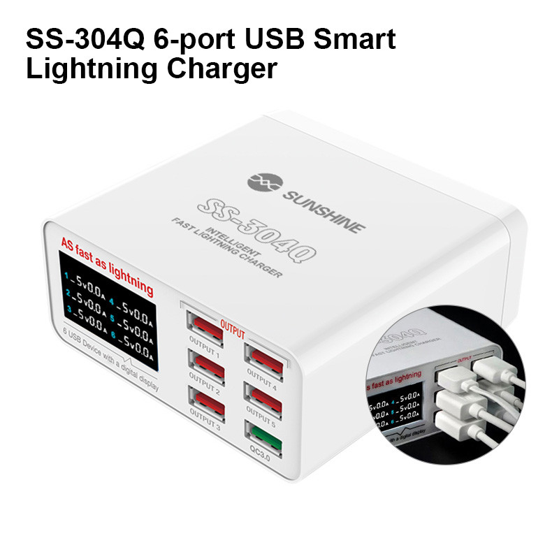 

Sunshine SS-304Q USB Smart Lightning Charger Digital Display 6 Port 2.4A Fast Charging Intelligence QC 3.0 Compatibility