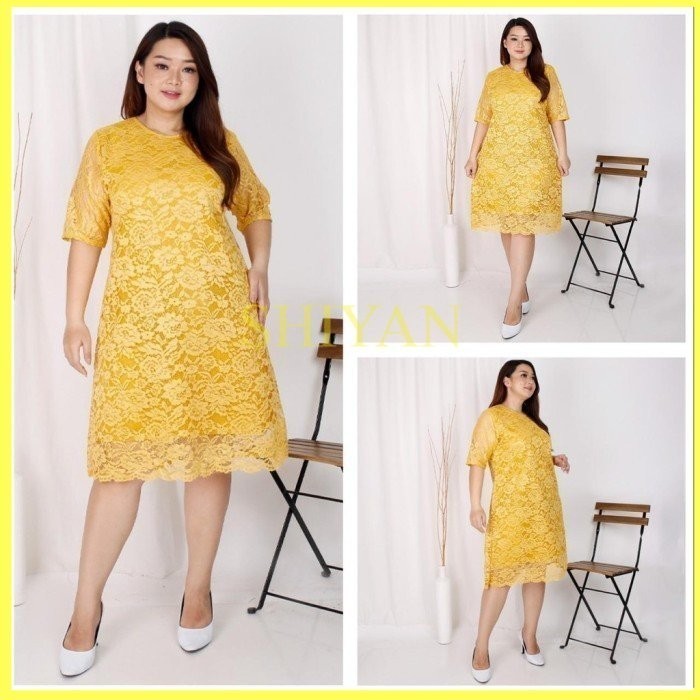 ❁NEW TREND❁~Limited Stok GROSIR Dress Big Size Brukat Jumbo XXL Bigsize XXXL Dress Natal Imlek - GOL