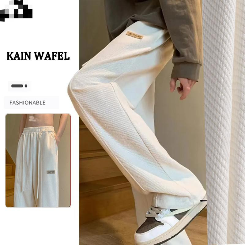 celana panjang polos pria putih Kain wafel celana lurus highwaist tebal celana panjang pria kaki leb