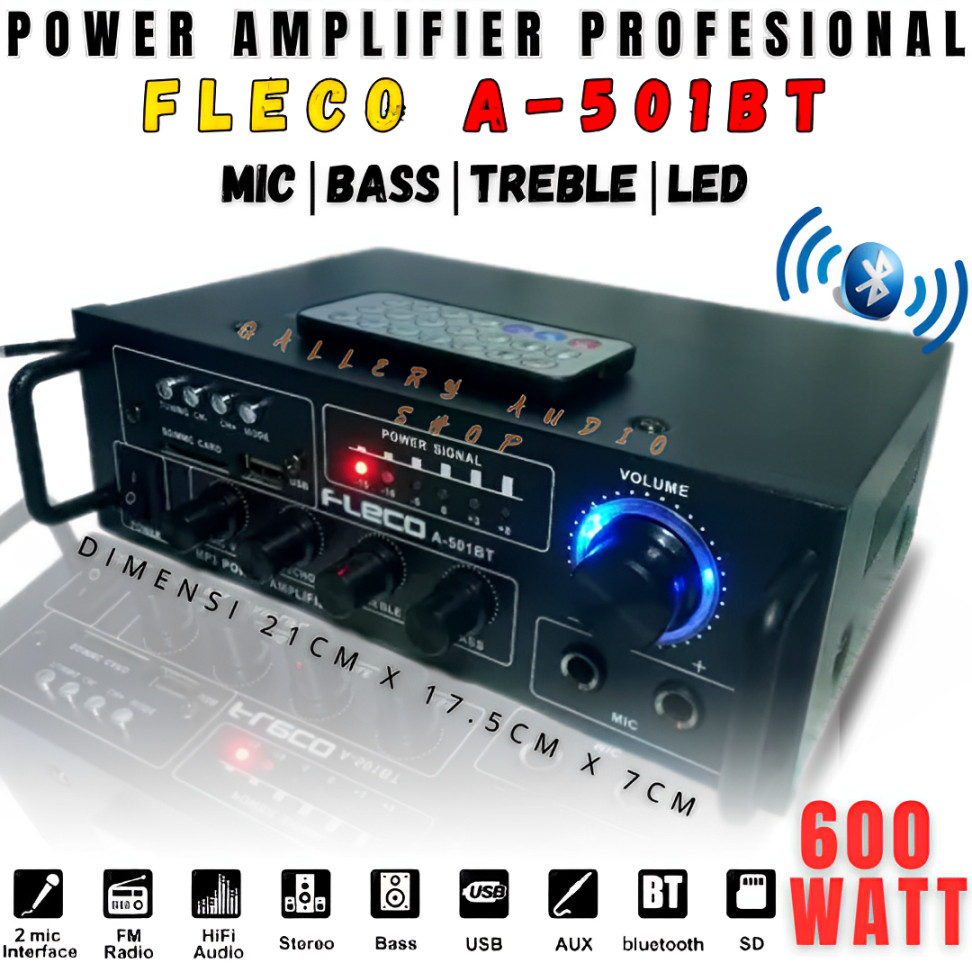DUO  MIC Power Amplifier Bluetooth FLECO A-501BT 600W | Audio Penguat Suara Full Bass Dan Treble USB