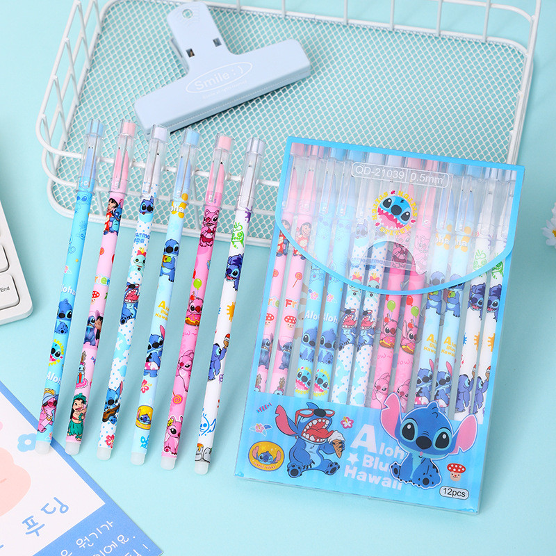 

Disney Gel Pens 12Pcs Stitch Anime Cartoon Erasable Pen 0.5mm Black High Quality Office Supplies Creative Student Stationery