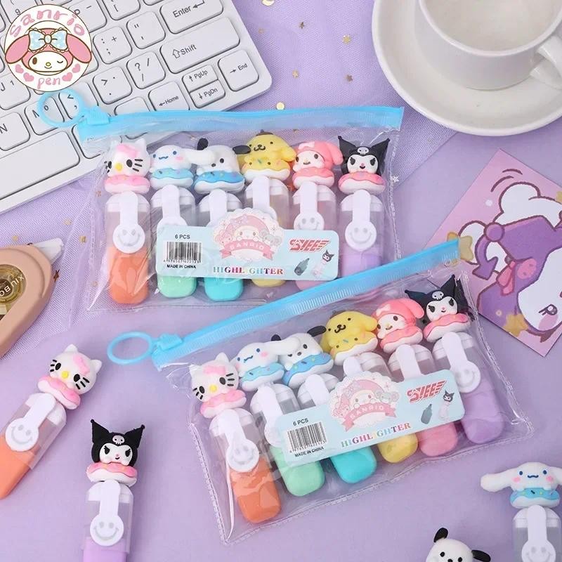 

New Sanrio HighLighter 6-24pcs Kuromi Melody Soft Rubber Doughnut Mini Color Marker Children's Painting Pen Girls Gift Pens
