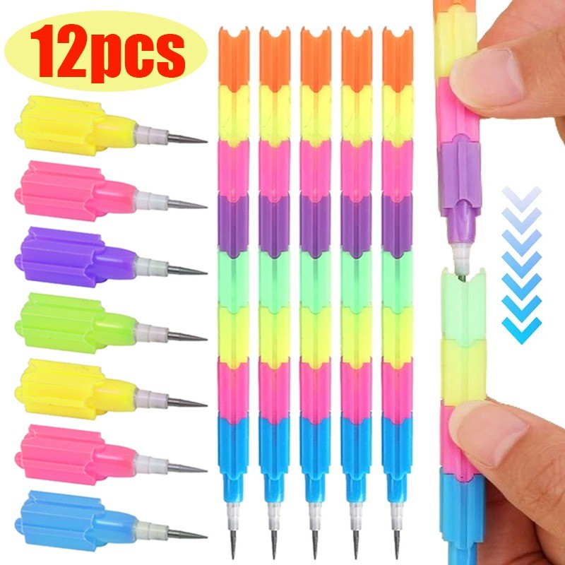 

12PCS Kids Building Blocks Pencil Multifunctional Colorful Stacker Swap Non-sharpening Pencils Toys Student Stationary Supplies