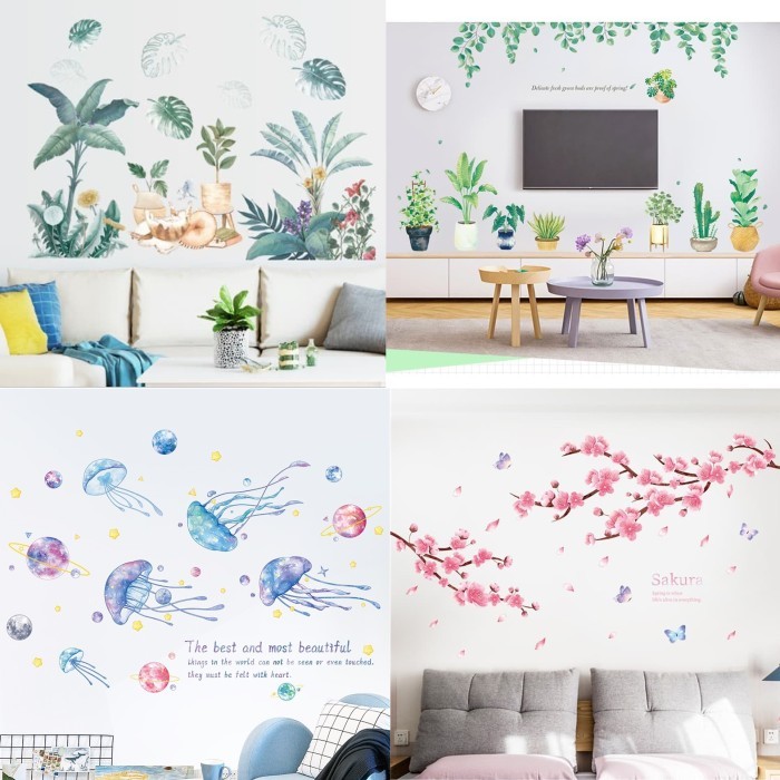 Stiker tempelan dinding wall sticker besar pohon sakura jellyfish pohon tanaman pot rusa ocean plane
