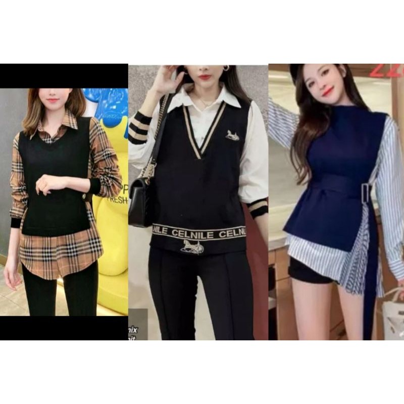 NANTARSHOP Blouse Katun Plisket Mix Rompi Rajut Nempel Import