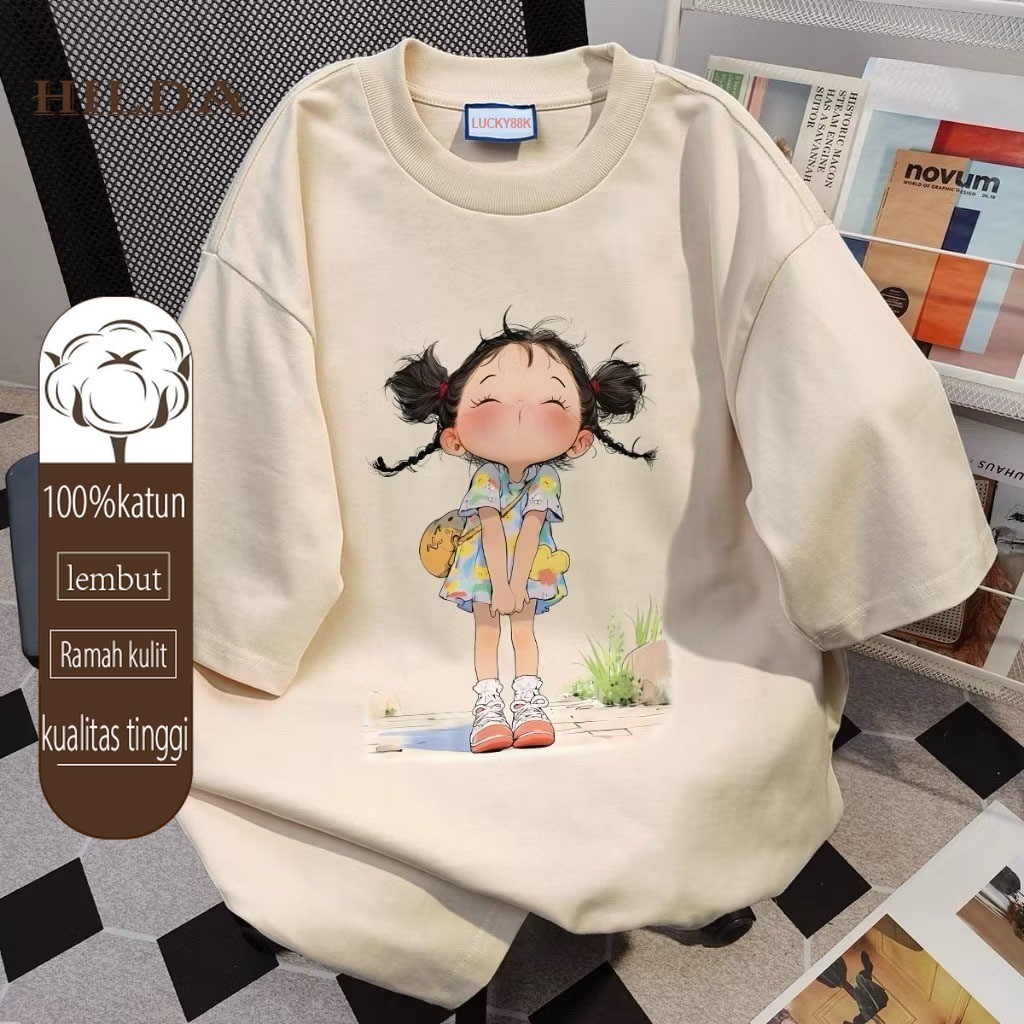 Kaos versi Korea retro gadis kecil kartun longgar lucu nyaman fashion 100% kain katun berkualitas ti