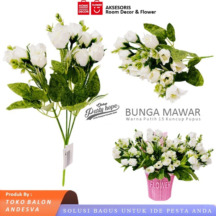 Bunga Artificial Mawar Pupus / Bunga Plastik Tanaman Artificial Buket Bunga Mawar 15 pupus putih