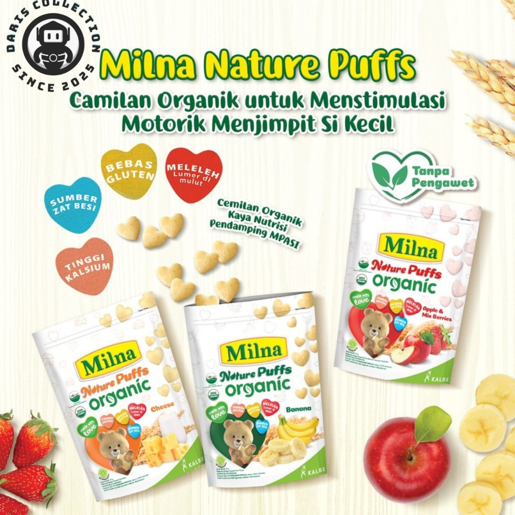 Milna Nature Puff Organic Pouch 15gr Biskuit Sereal Makanan Sehat Untuk Bayi Fruit Puree Puffs