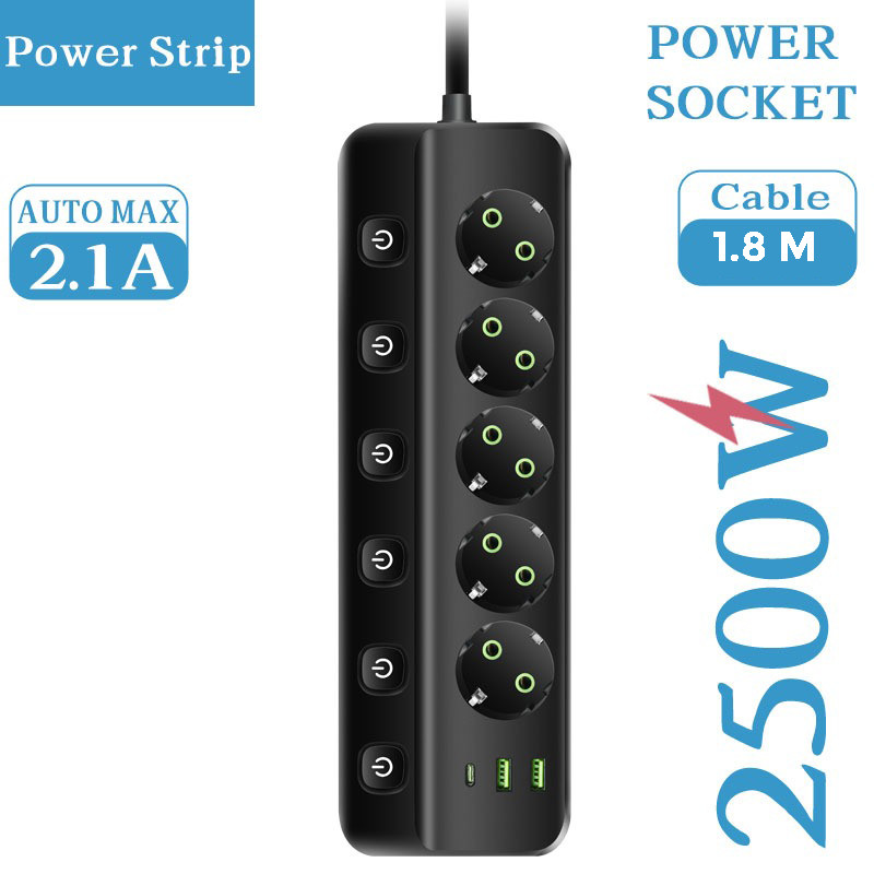 Taffware Stop Kontak 5 Lubang USB Type C EU Plug 10A 110-250V 2500W - QL-1098U Terminal Colokan List