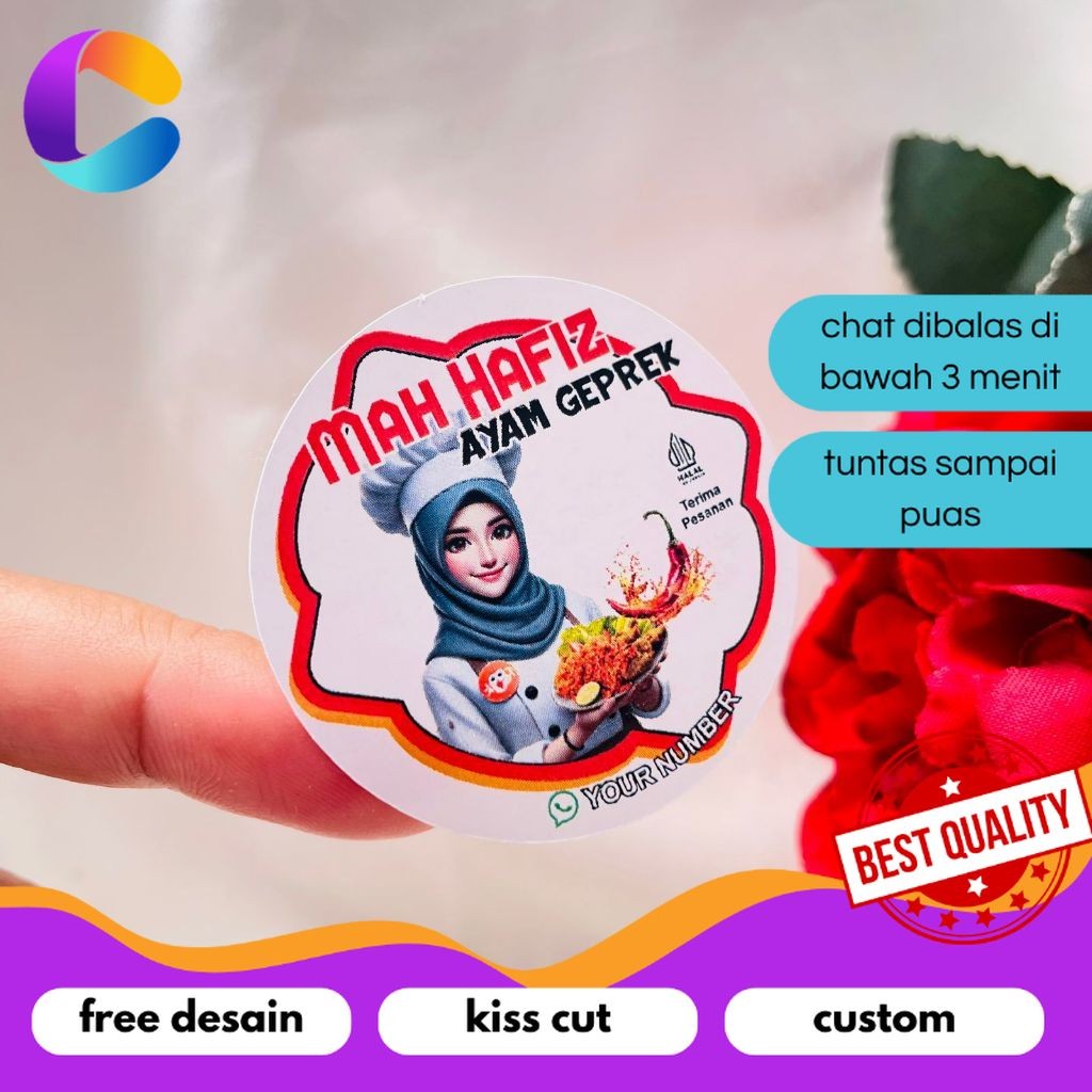 

Cetak INC 2-4 Cetak Stiker Makanan Ayam Geprek Goreng Bulat Chromo Sticker Label Box Kardus Custom