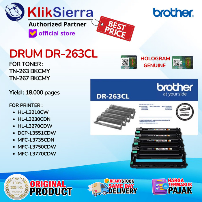 BROTHER Drum DR-263CL Original DR263CL DR263 For L3230 L3270 L3551CDW - DRUM DR-263CL, GOSEND Instan