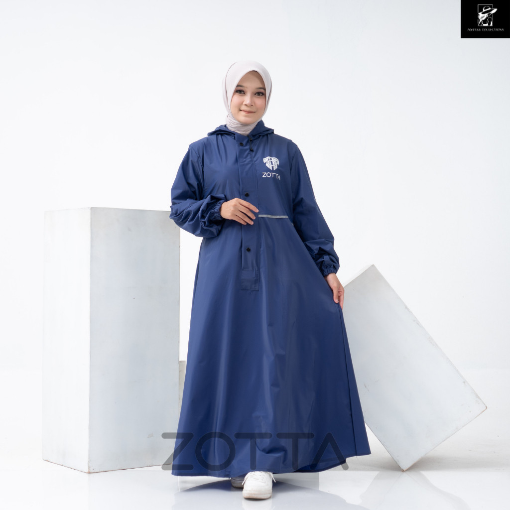 ZOTTA Jas Hujan Gamis Wanita Muslimah Warna Biru Navy Bahan Tebal Anti Rembes
