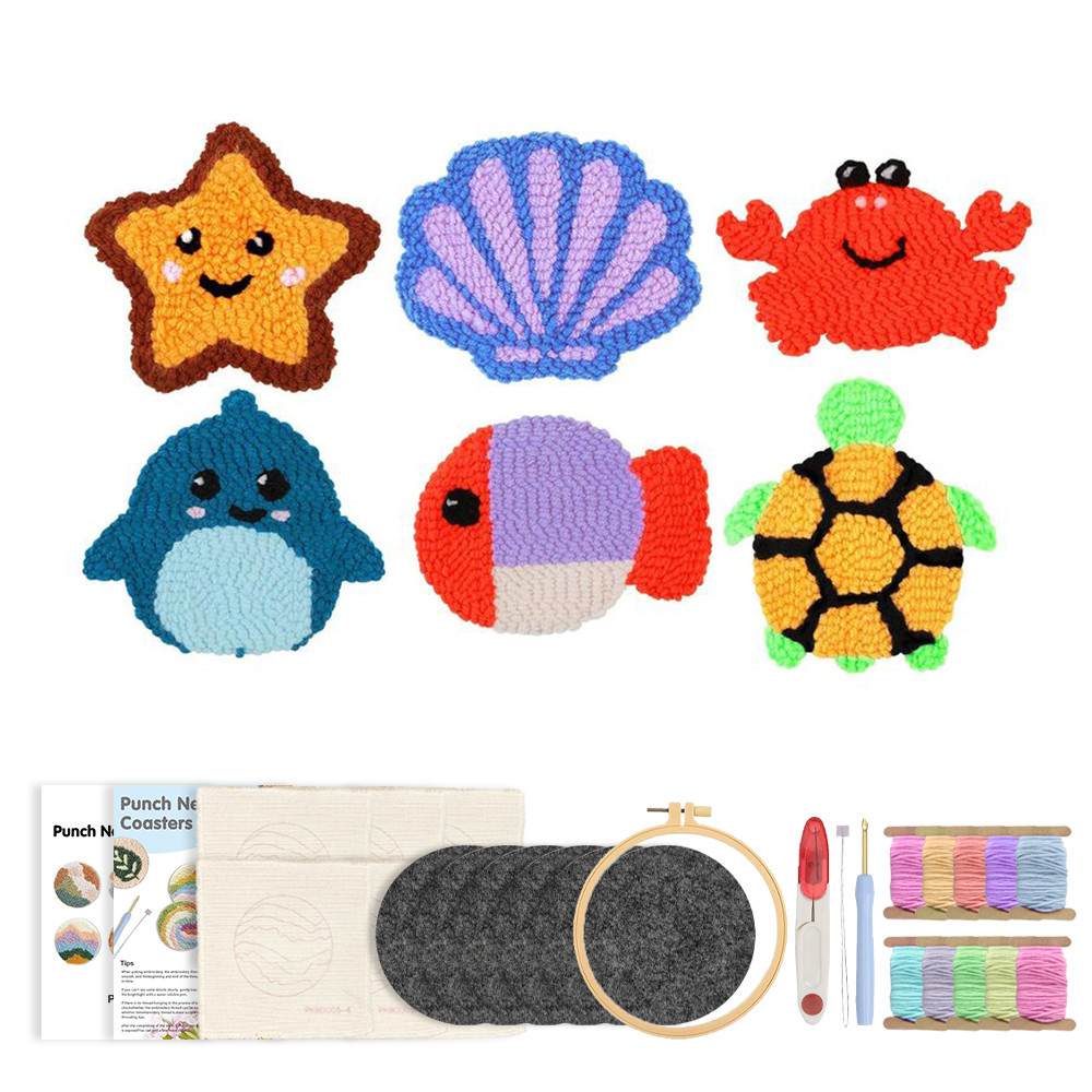 

6pcs DIY Punch Needle Embroidery Coaster Kit with Marine Animal Pattern DIY For beginner Handicraft Gift for dining-table Decor