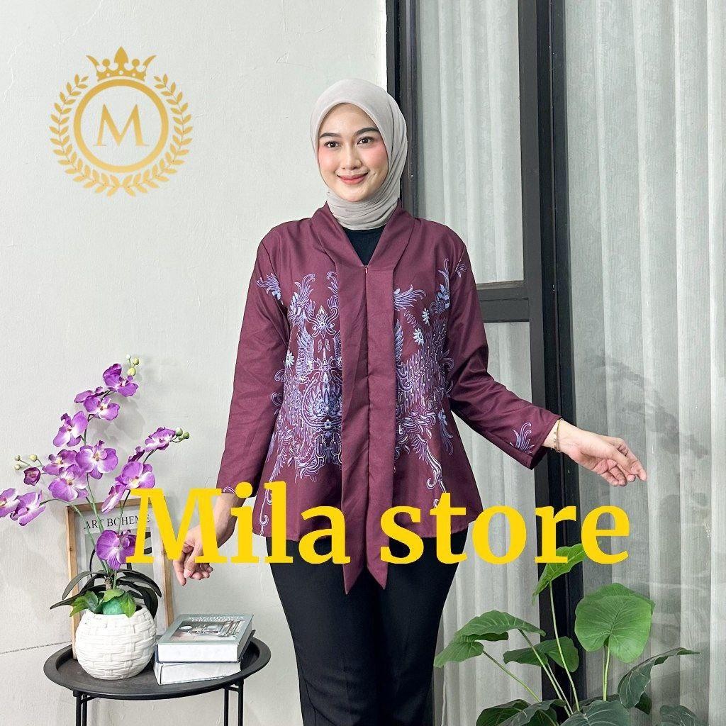 Atasan Batik Wanita Simple Modern Blouse Katun Lengan Panjang Look Rapi untuk Kerja & Acara Outfit B